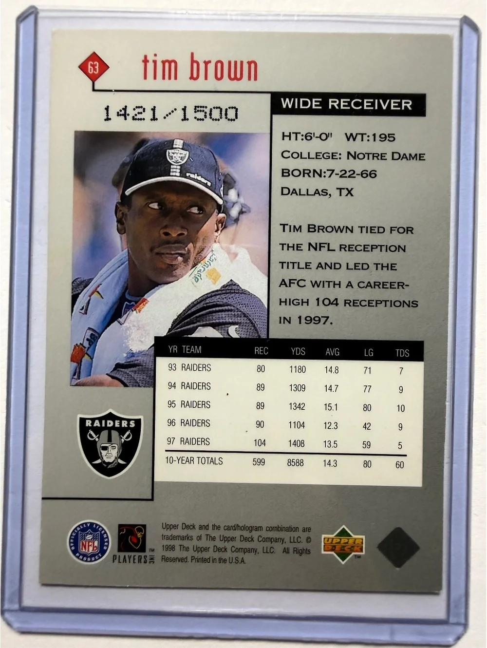 1998 Upper Deck Black Diamond Tim Brown #63 NFL Football Trading Card - Raiders